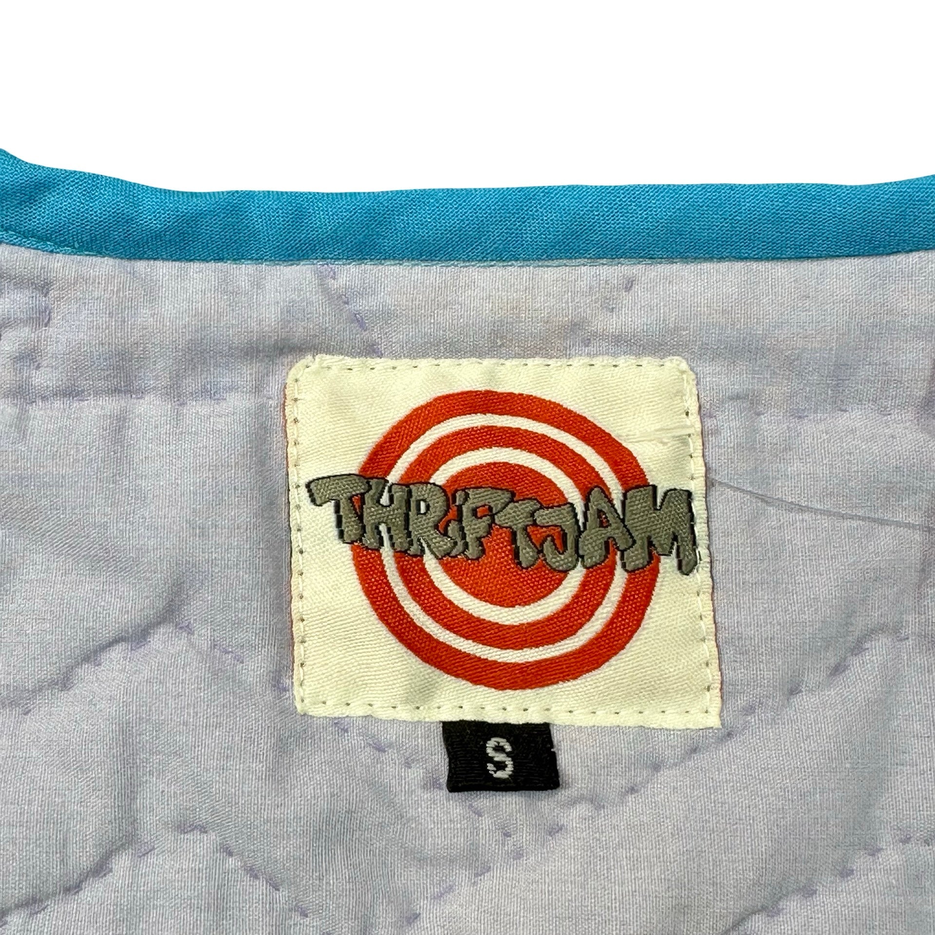 Lavender Nine Patch S quilted vest rework - ThriftJam size tag