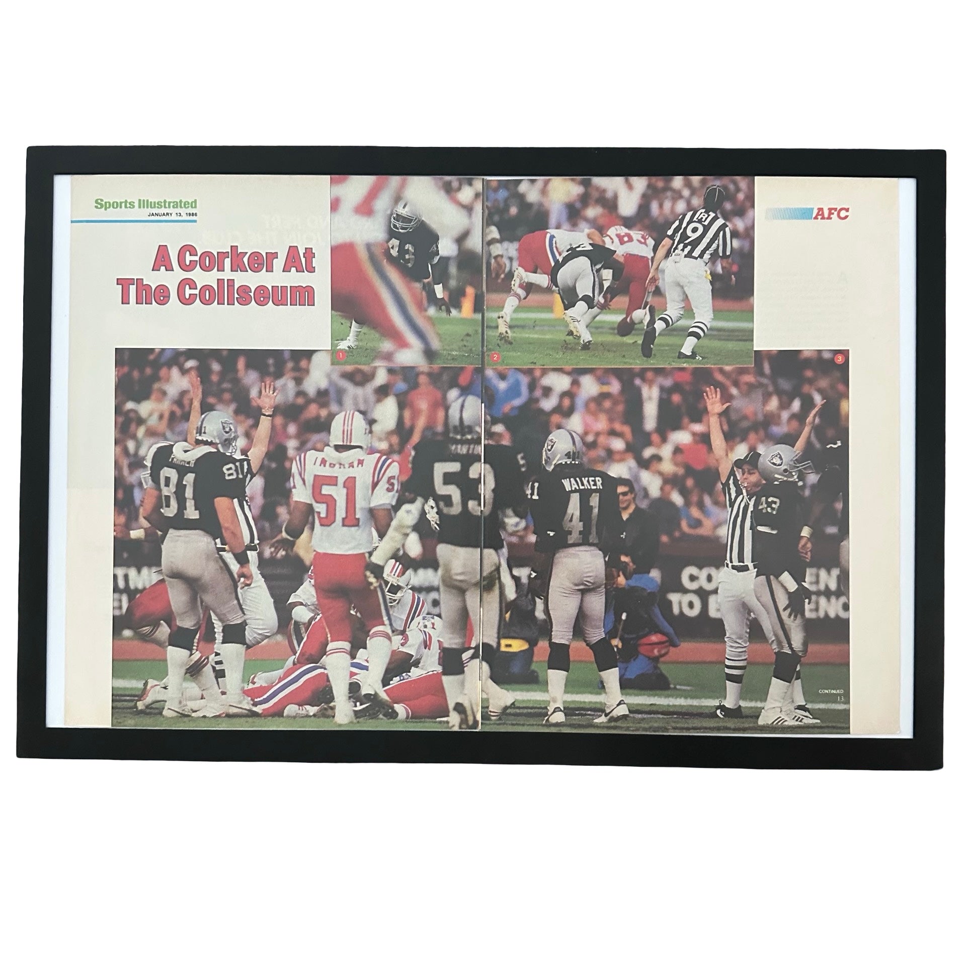 Framed vintage Sports Illustrated Raiders vs Patriots playoff double page spread on white background