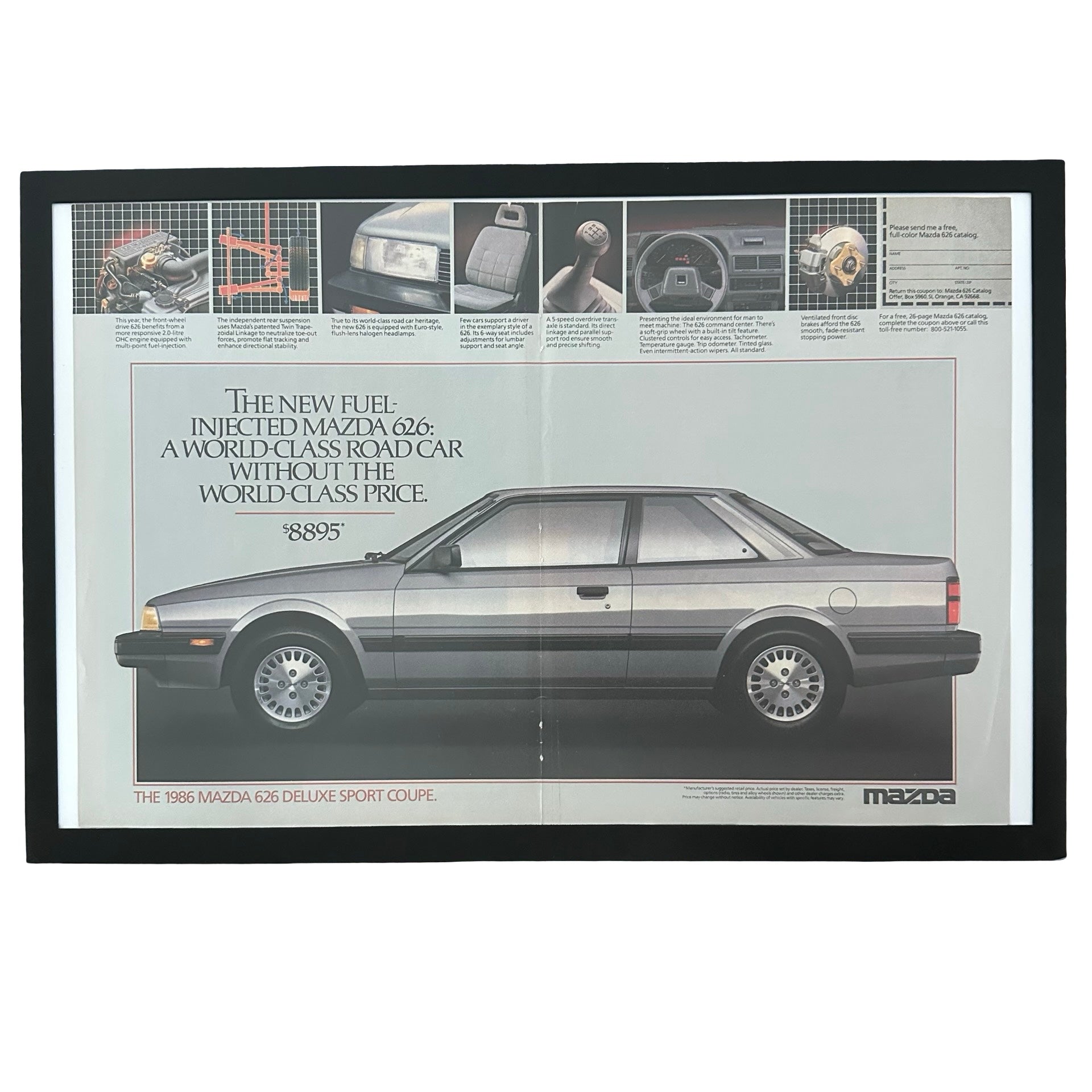 Framed vintage 1986 Mazda 626 Sport Coupe double page magazine ad on white background