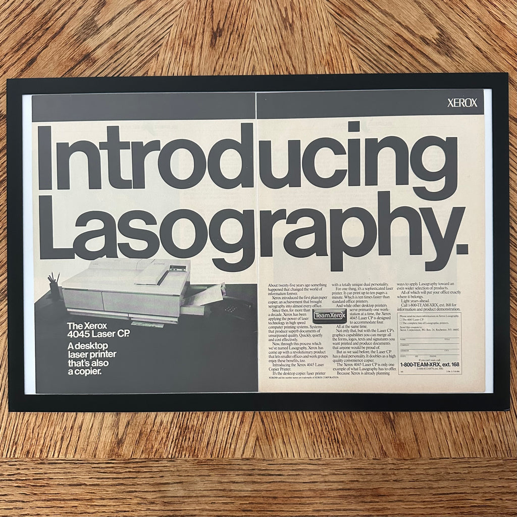 Framed vintage Xerox Lasography laser printer double page magazine ad
