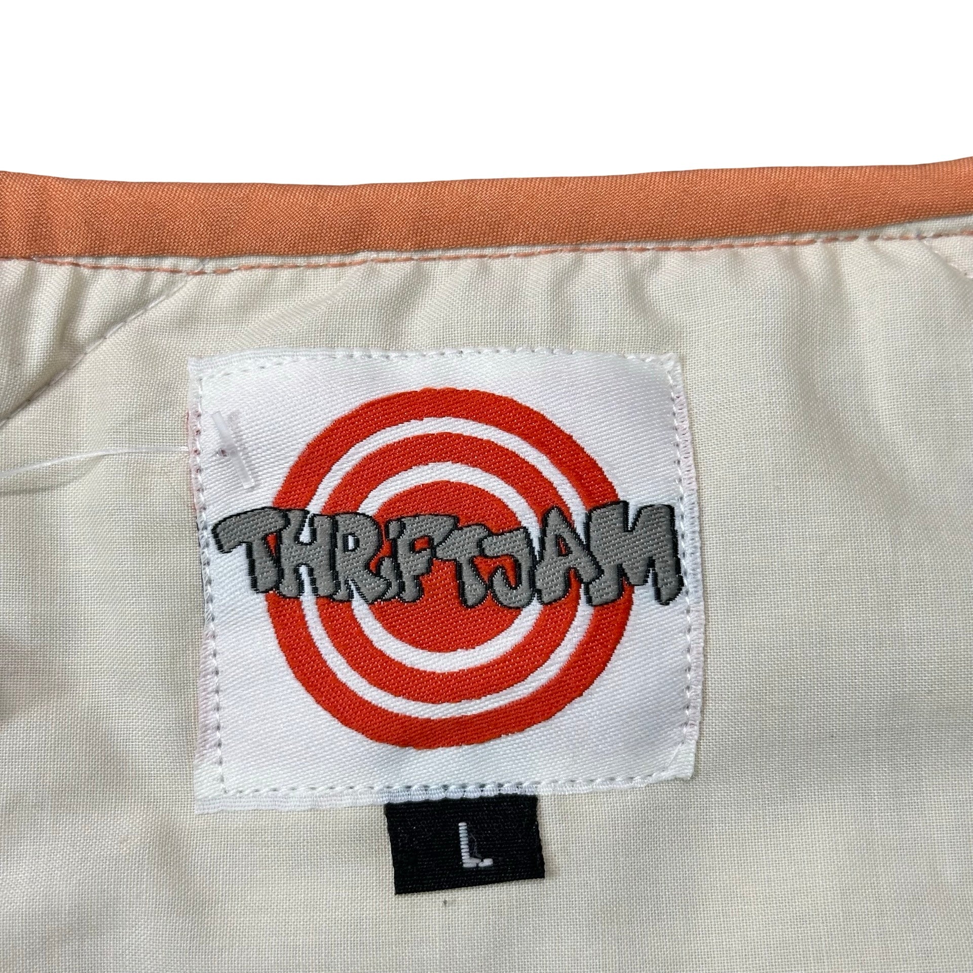 Peach Plaid Triangle L quilted vest rework - ThriftJam size tag