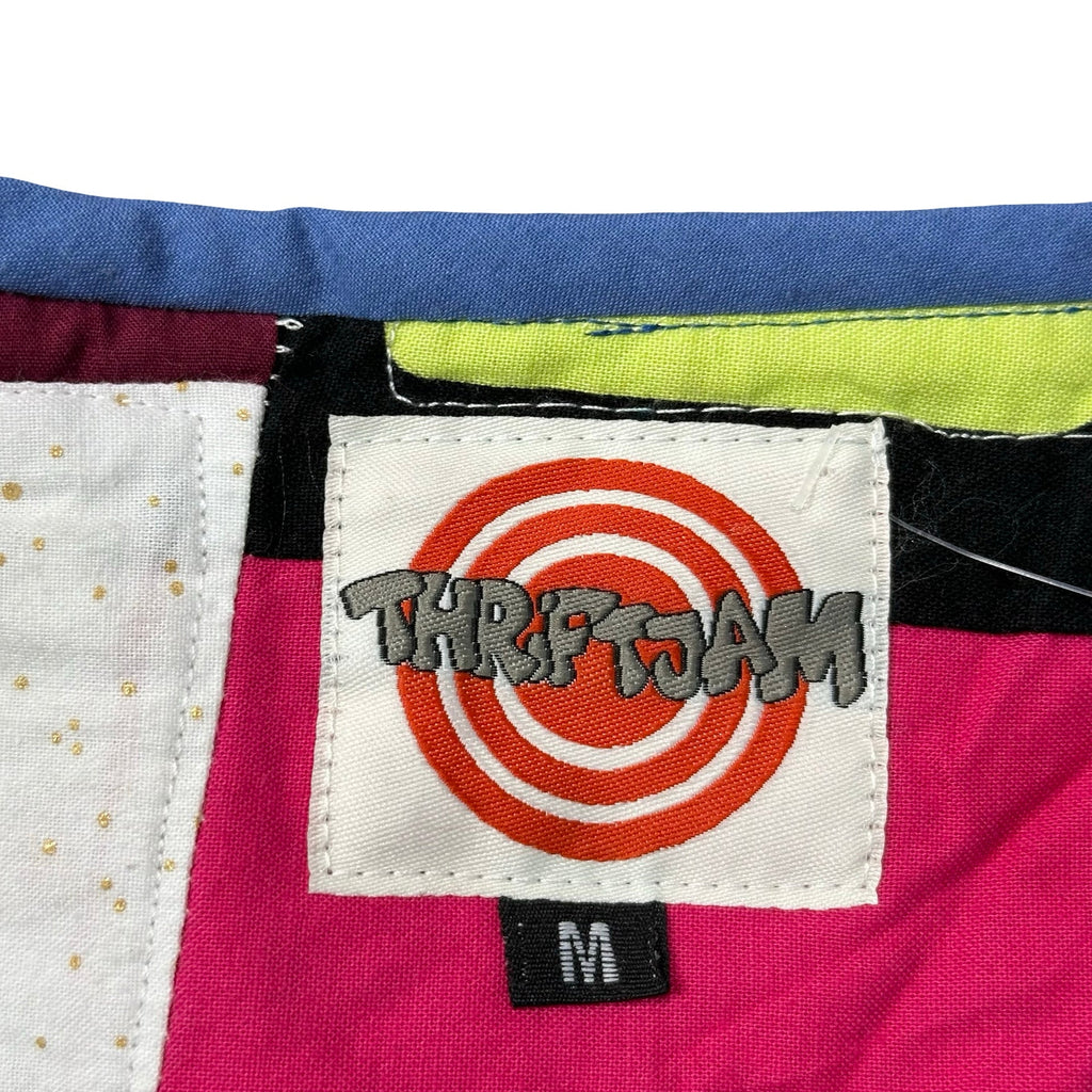 Copper and Cobalt Crazy Quilt M vest rework - ThriftJam size tag