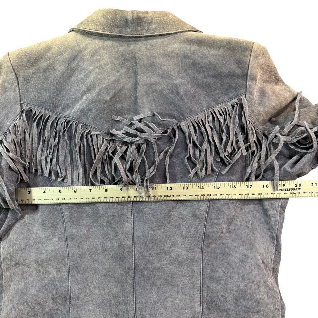 Slate blue suede fringe jacket with measuring tape across the chest