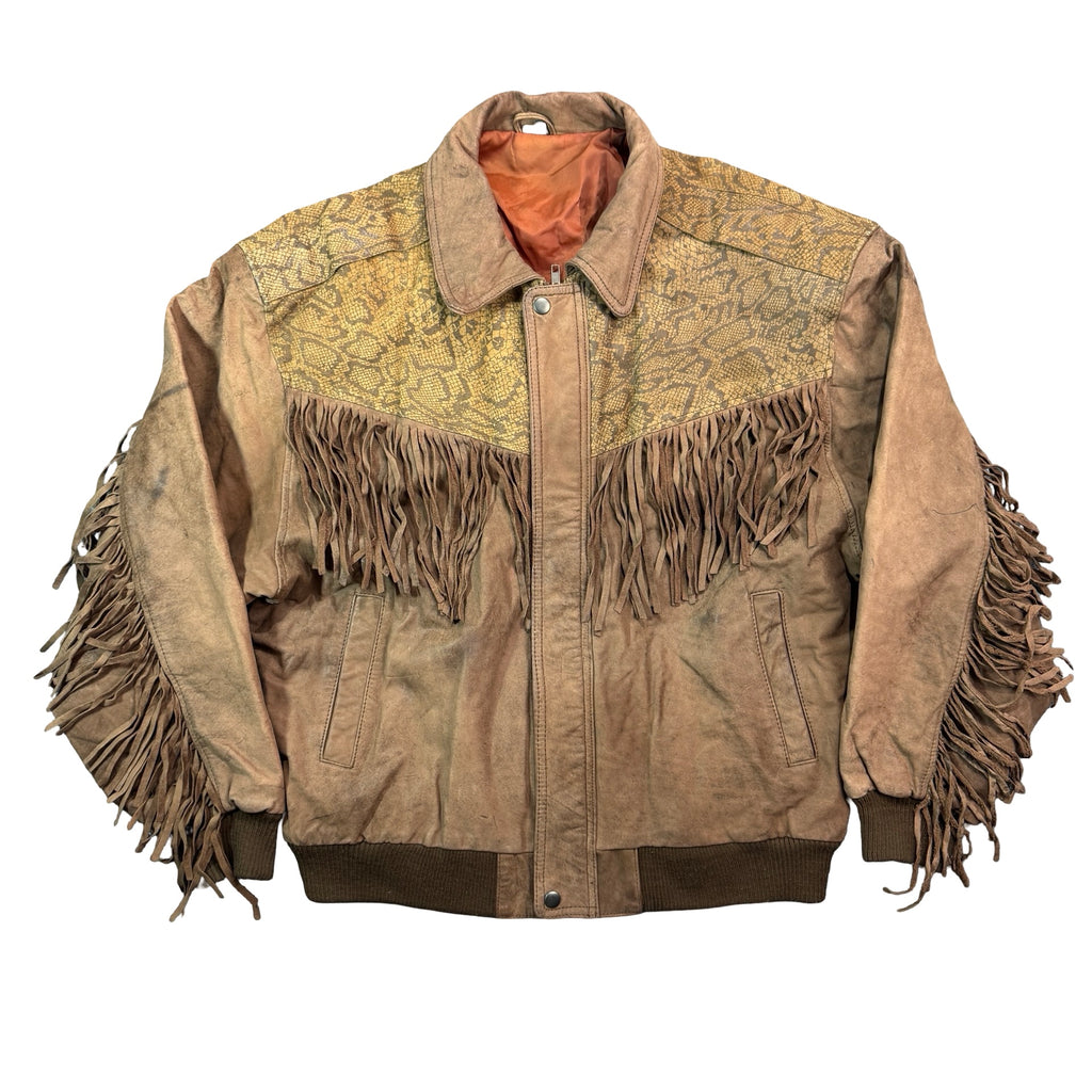 Vintage 80s Tan Suede Fringe Snake Print Yoke Bomber Western Jacket Made in Korea Womens