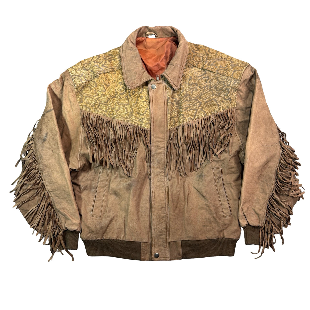 Vintage 80s Tan Suede Fringe Snake Print Yoke Bomber Western Jacket Made in Korea Womens