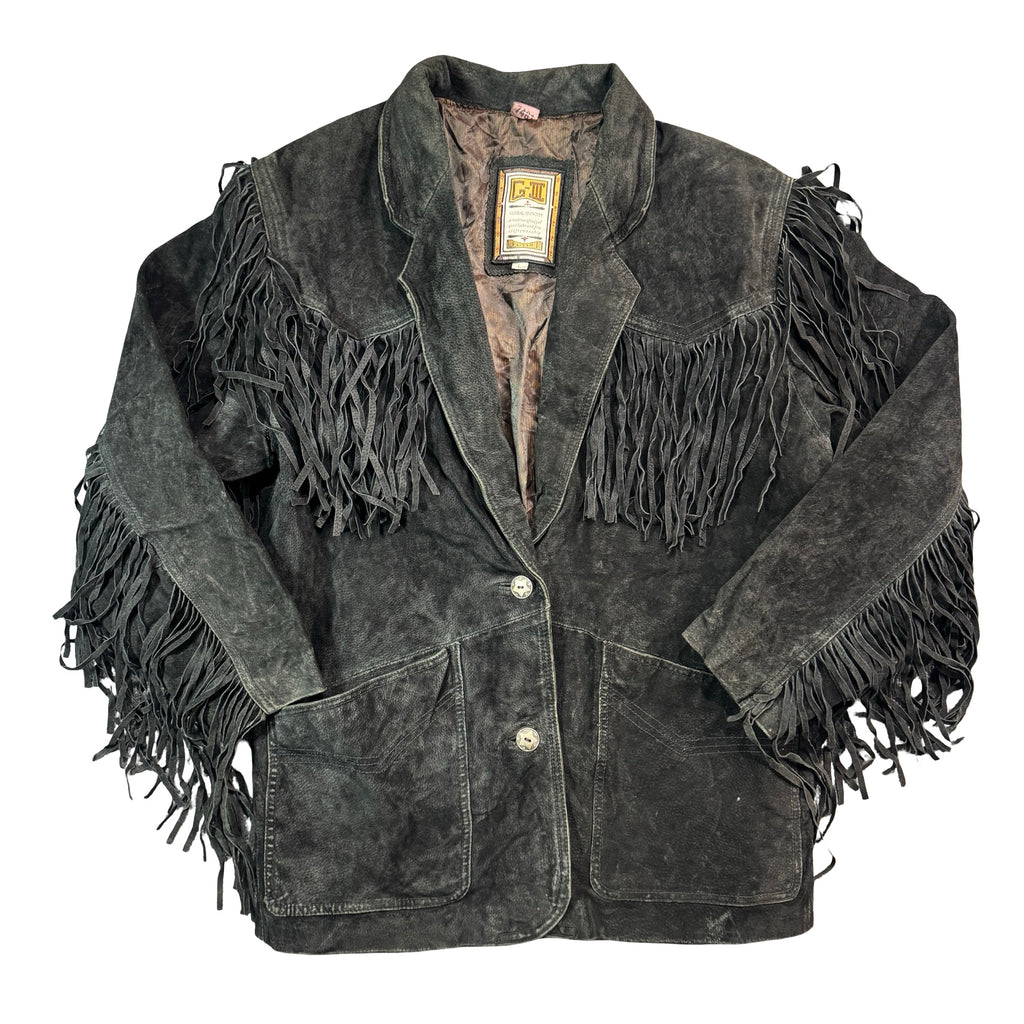 Vintage 80s-90s Global Identity G-III Charcoal Suede Fringe Concho Button Blazer Jacket Womens L