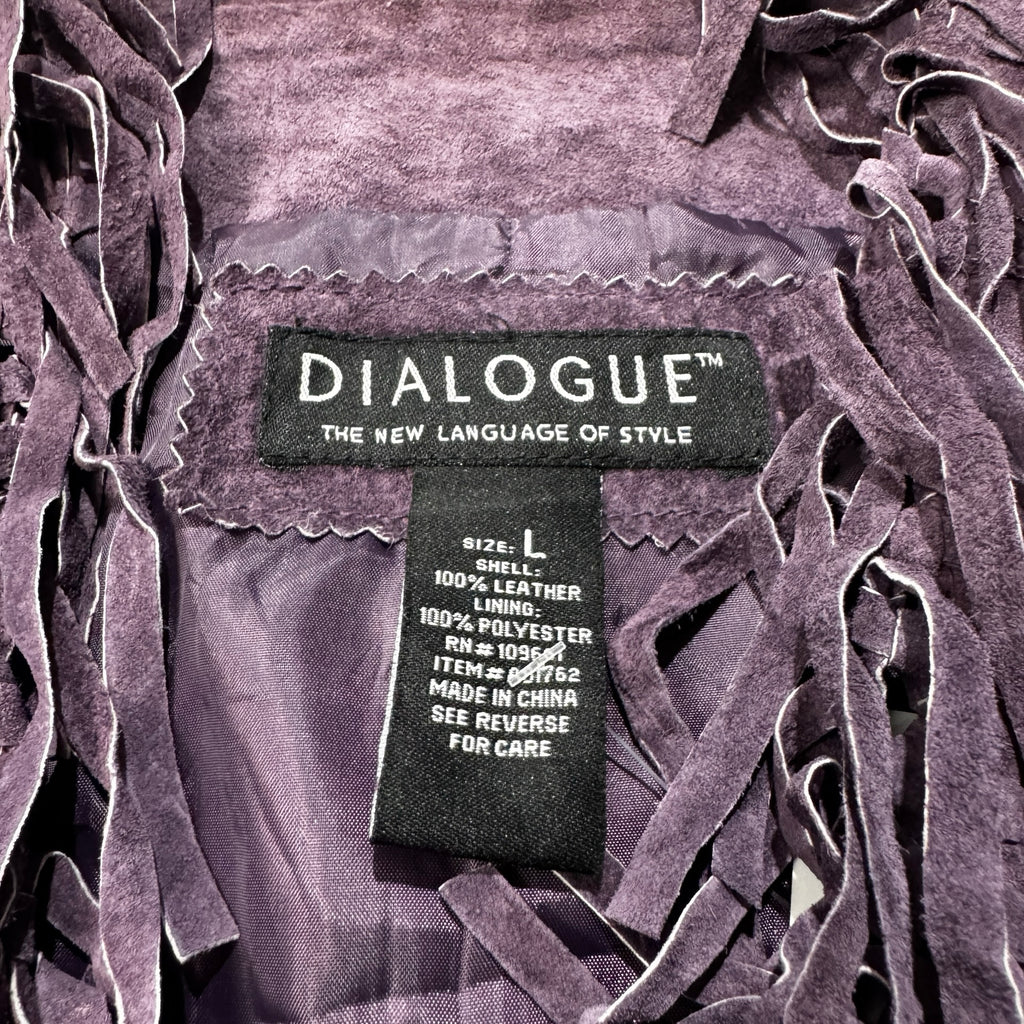 Dialogue brand and size L label inside purple suede fringe jacket