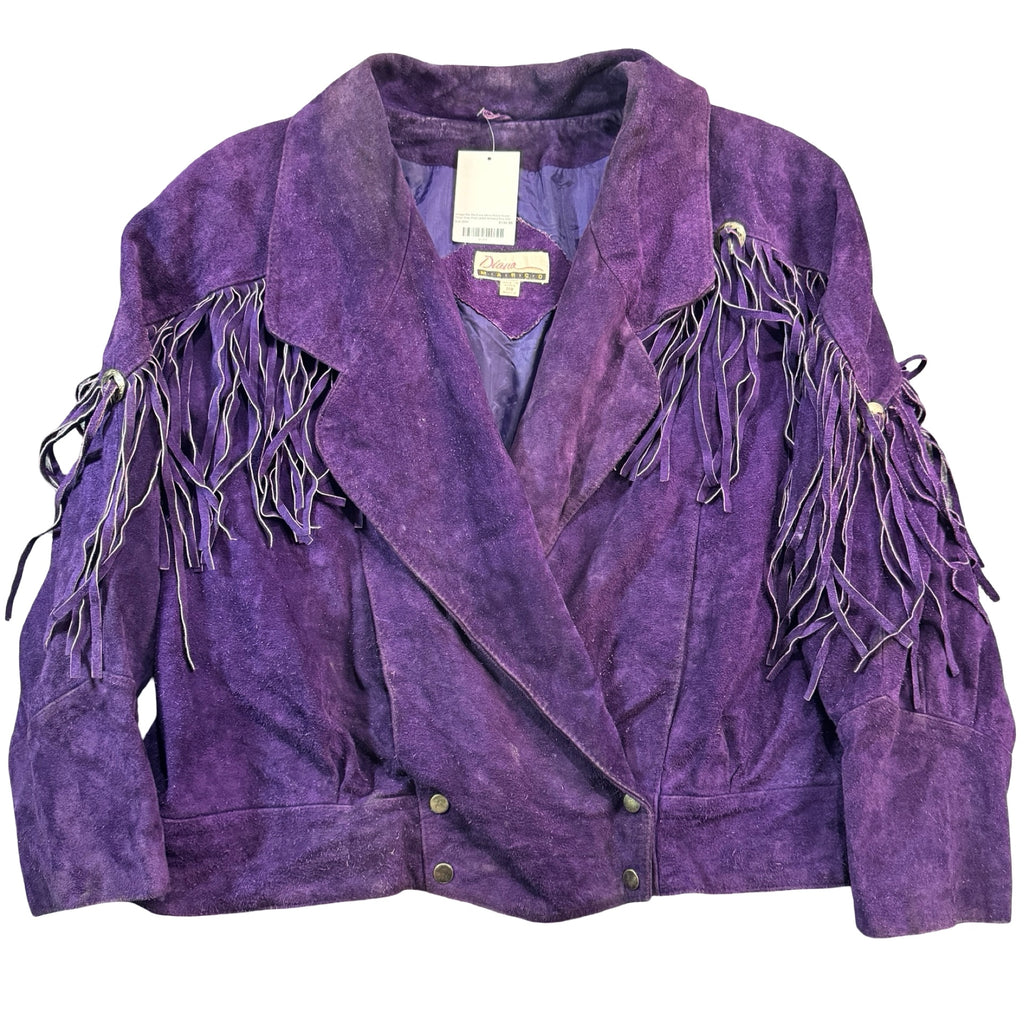 Vintage Diana Marco purple suede fringe concho jacket, front view