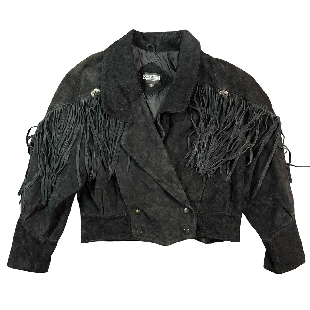 Vintage 80s-90s Anne-Gee Black Suede Fringe Concho Cropped Western Jacket Made in Korea Womens M