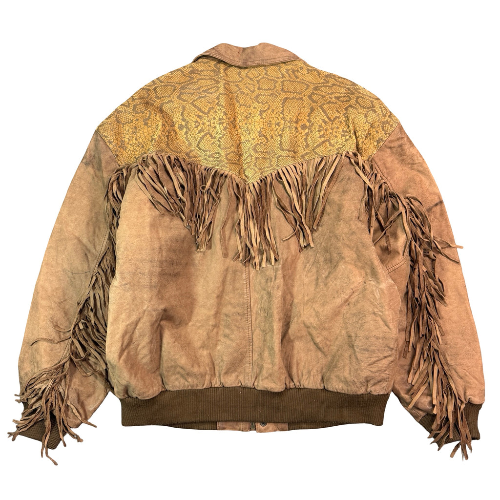 Vintage 80s Tan Suede Fringe Snake Print Yoke Bomber Western Jacket Made in Korea Womens