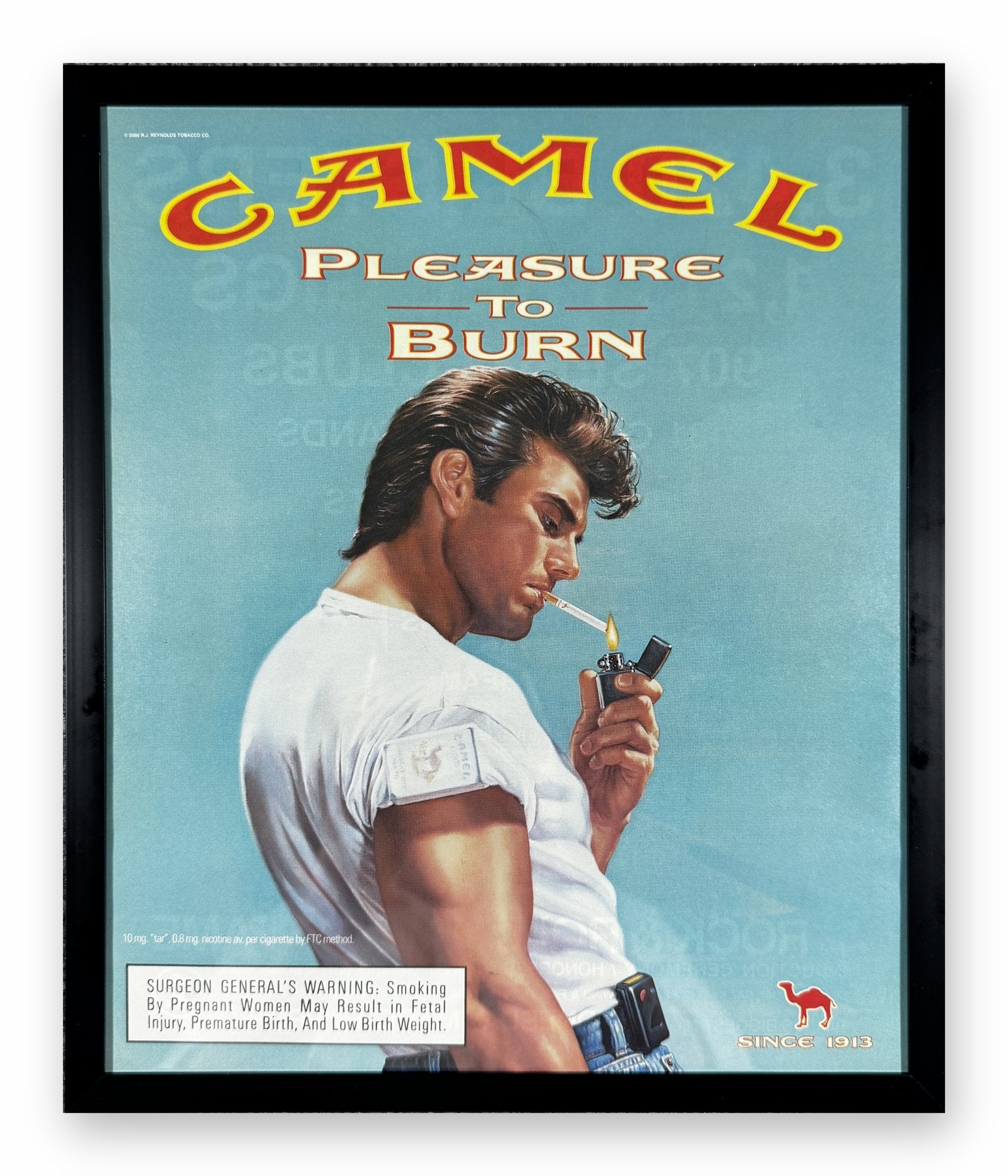 Camel Pleasure to Burn framed print on a white background