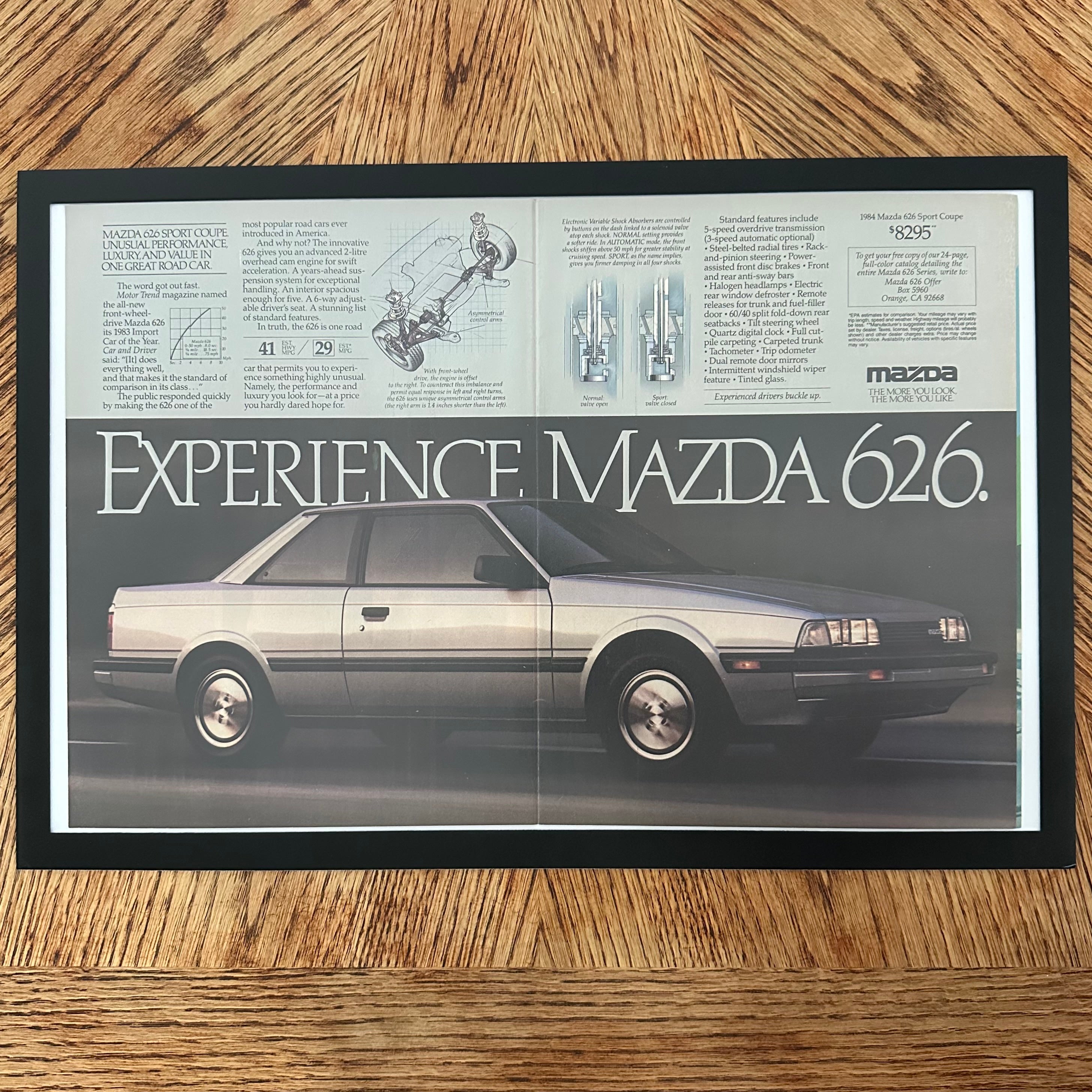 Framed vintage Mazda 626 Sport Coupe double page magazine ad