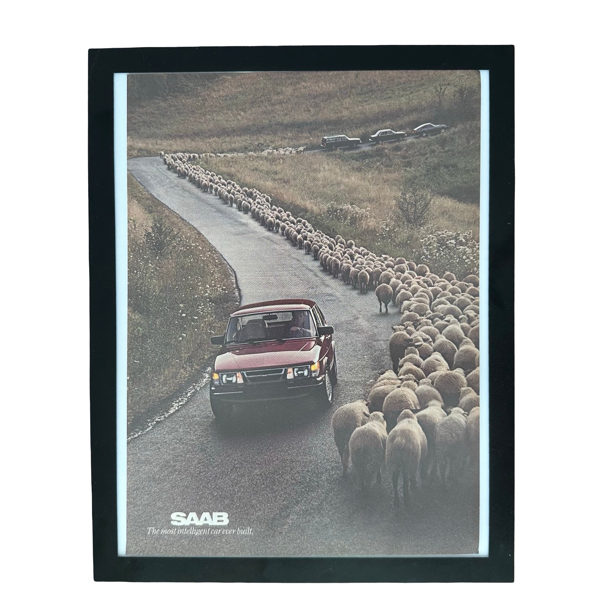 Saab Sedan Sheep Herd Country Road Framed Vintage Magazine Ad
