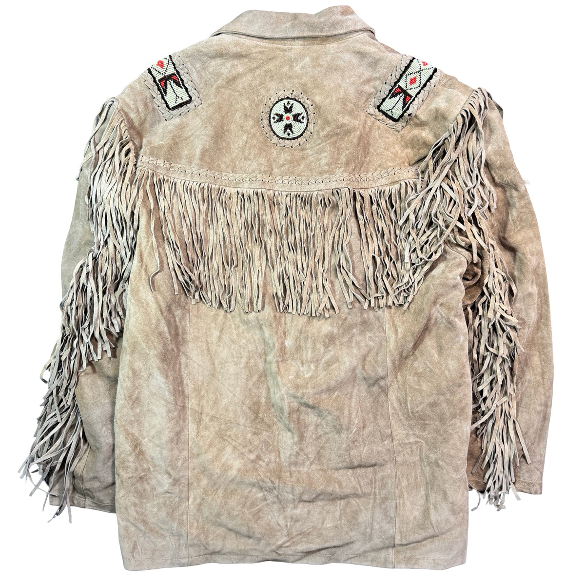 3B West Taupe Suede Fringe Beaded Bone Pocket Western Jacket Made in Pakistan Unisex XL