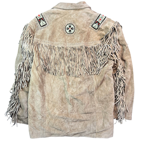 3B West Taupe Suede Fringe Beaded Bone Pocket Western Jacket Made in Pakistan Unisex XL