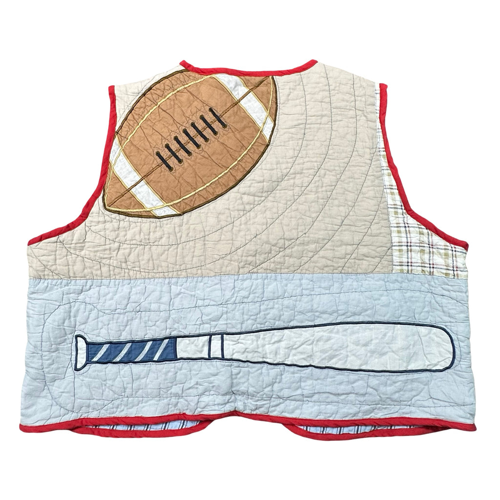 Sandlot Sports quilted vest rework, back with football and bat