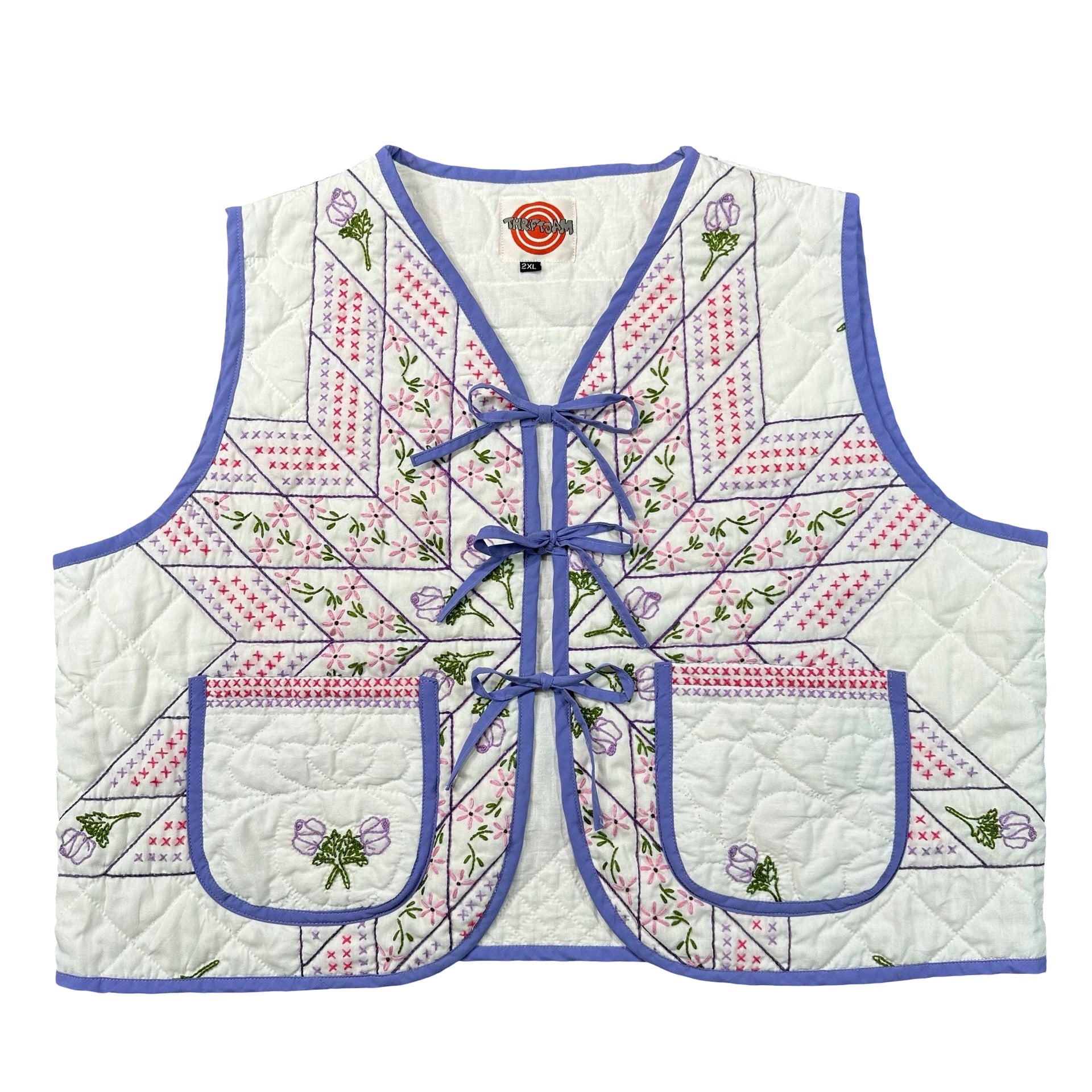 Periwinkle Cross Stitch Star quilted vest rework, size 2XL, front