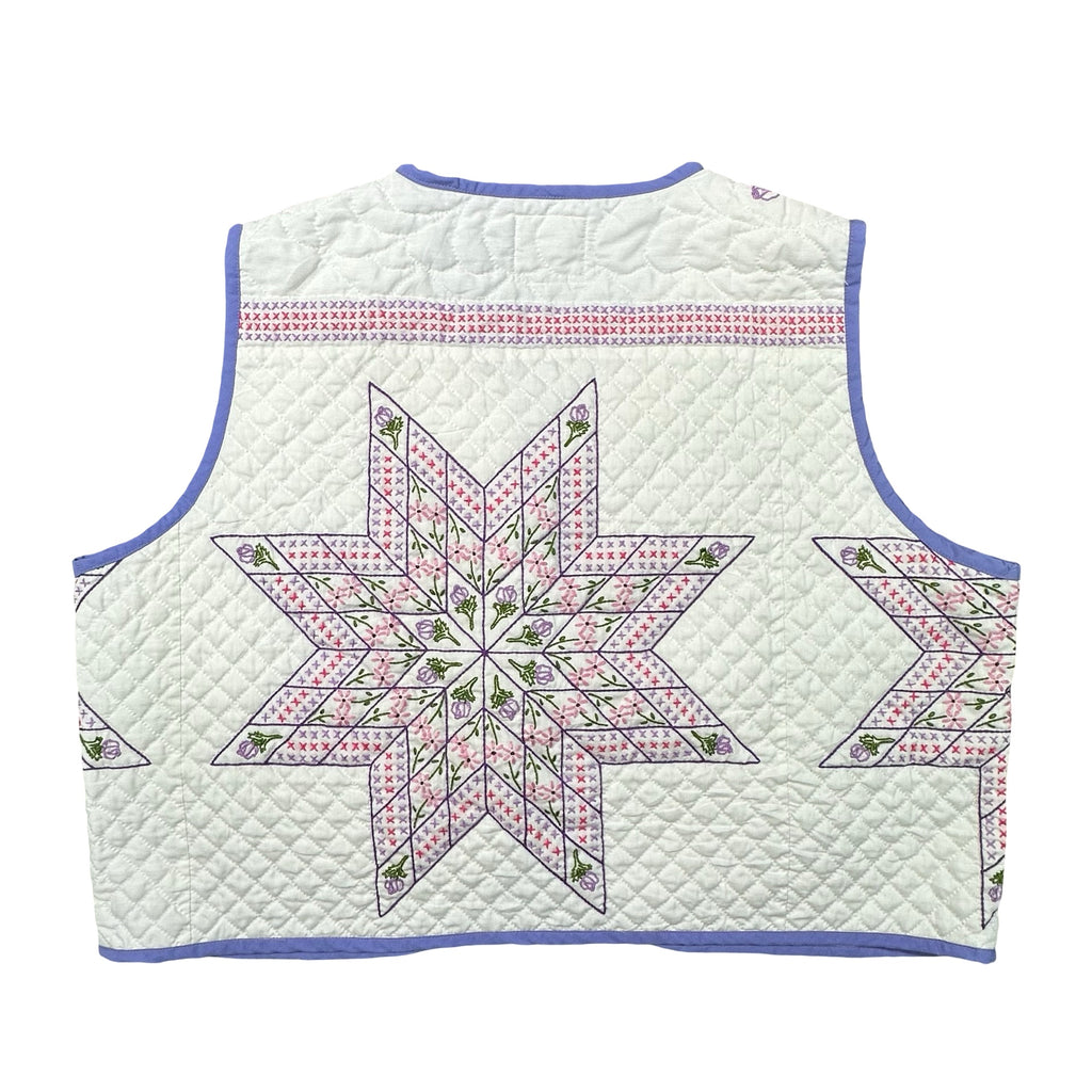 Periwinkle Cross Stitch Star quilted vest rework, back