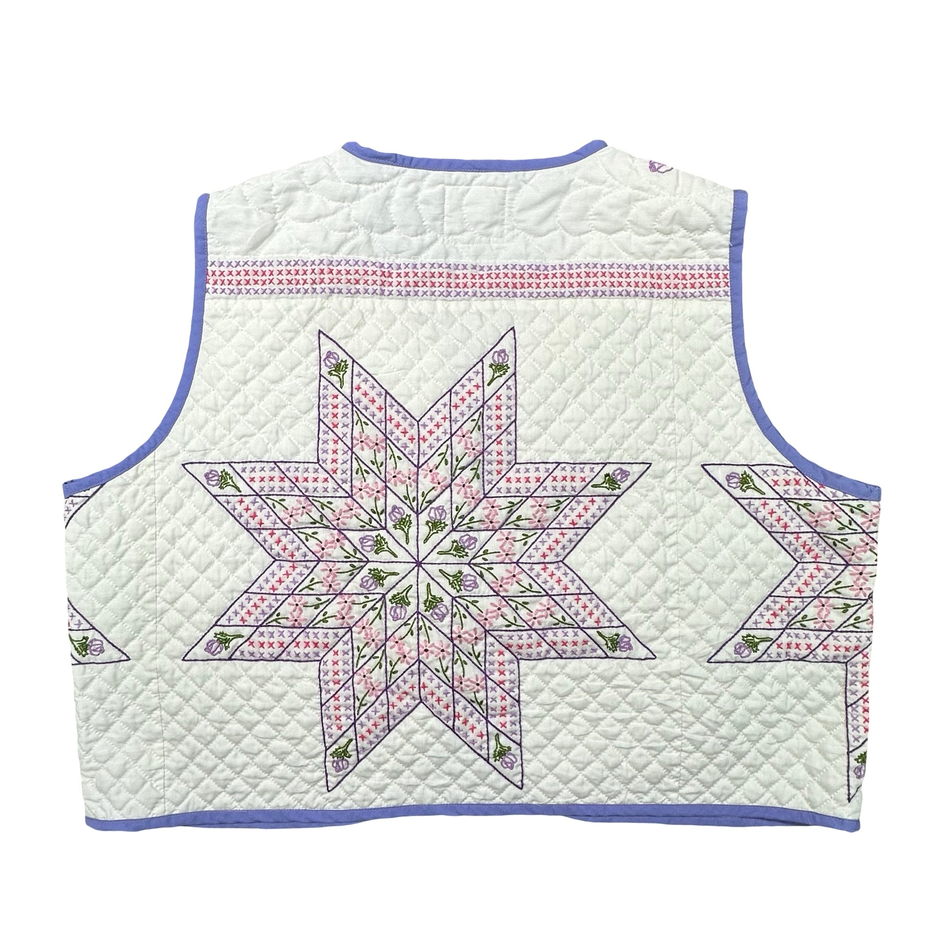 Periwinkle Cross Stitch Star quilted vest rework, back
