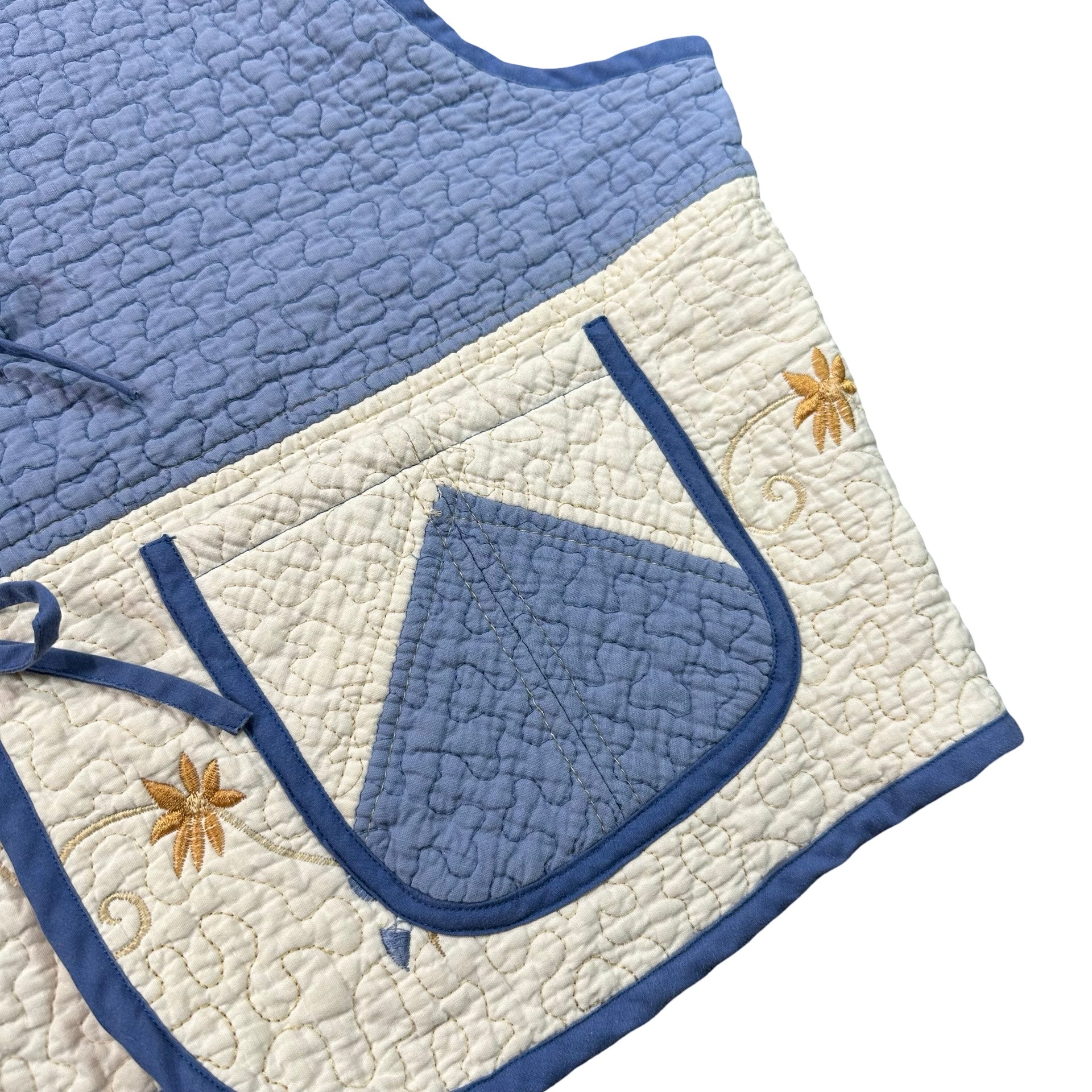 Bluebell Vine Embroidery quilted vest rework, front pocket and embroidered vine detail
