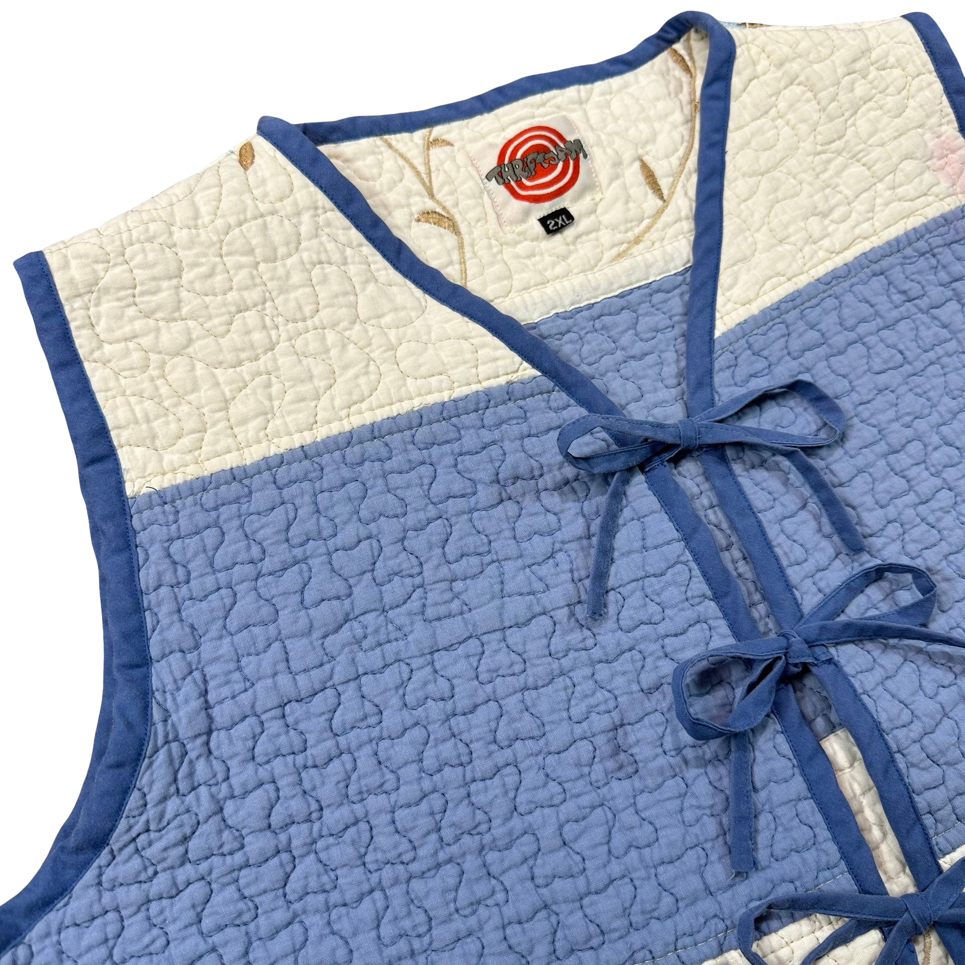 Bluebell Vine Embroidery quilted vest rework, front tie closures detail