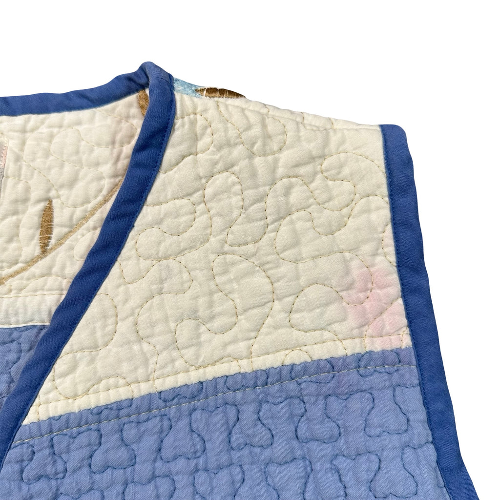 Bluebell Vine Embroidery quilted vest rework, shoulder and neckline quilting detail
