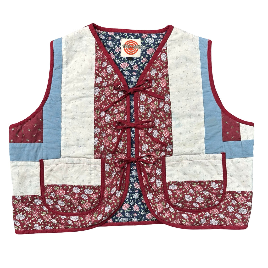 Burgundy Rose Log Cabin XL quilted vest rework, front