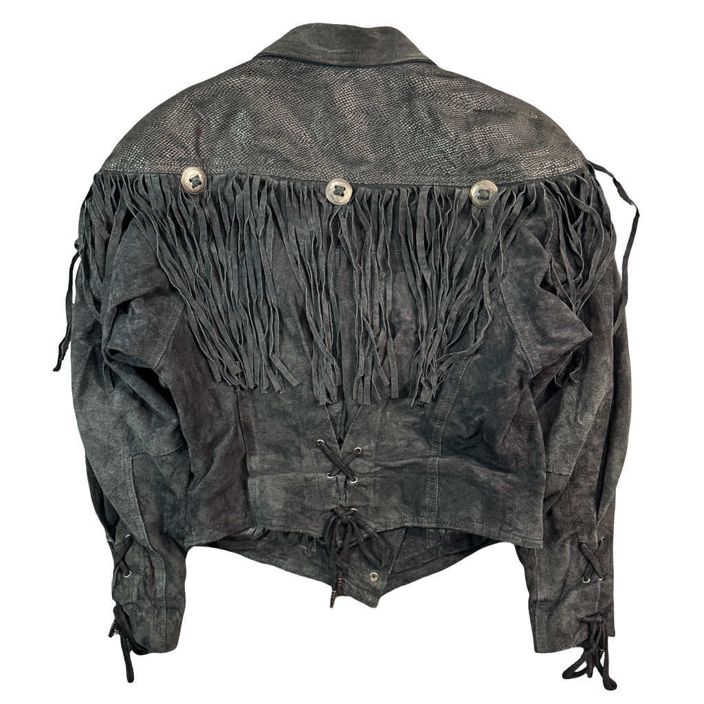 Vintage 80s-90s Body Exteriors Black Suede Fringe Concho Cropped Western Jacket Womens S