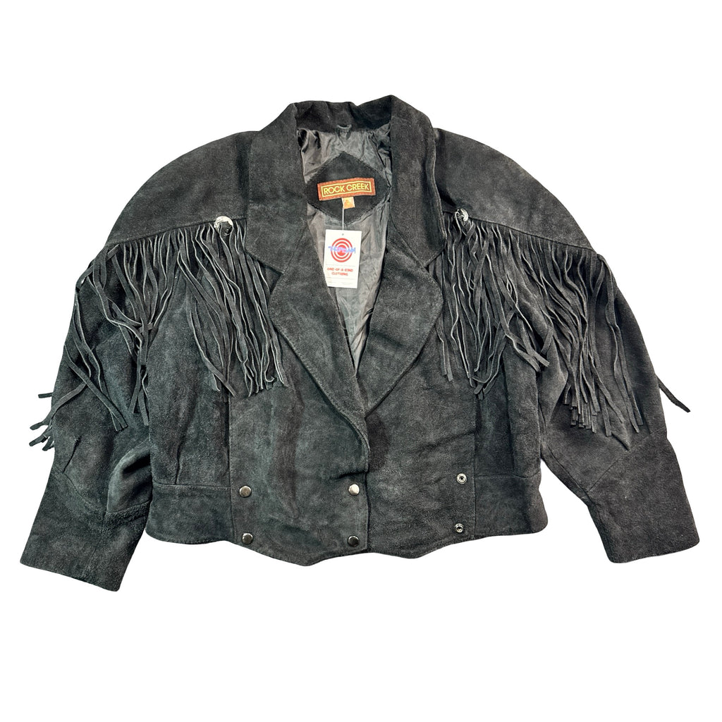 Vintage Rock Creek black suede fringe jacket front