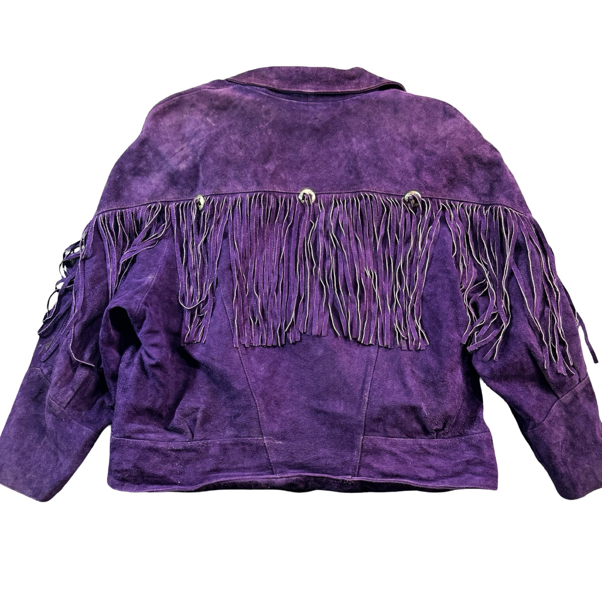 Purple suede fringe jacket with conchos, back view