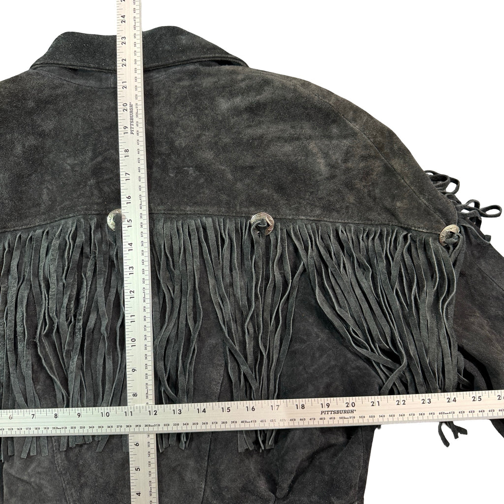 Vintage 80s-90s Anne-Gee Black Suede Fringe Concho Cropped Western Jacket Made in Korea Womens M
