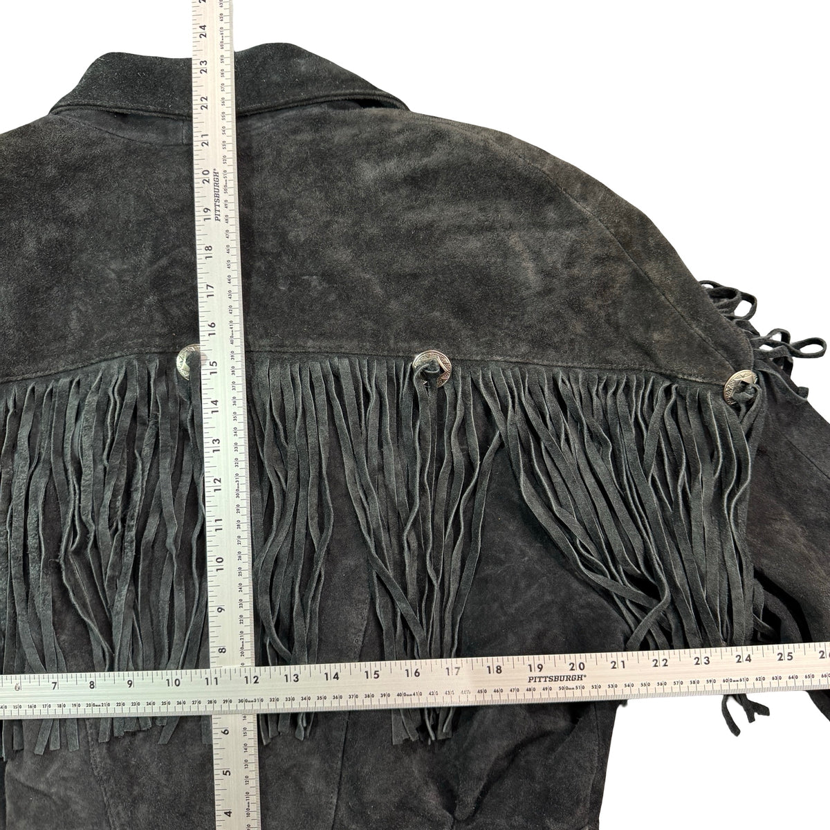 Vintage 80s-90s Anne-Gee Black Suede Fringe Concho Cropped Western Jacket Made in Korea Womens M