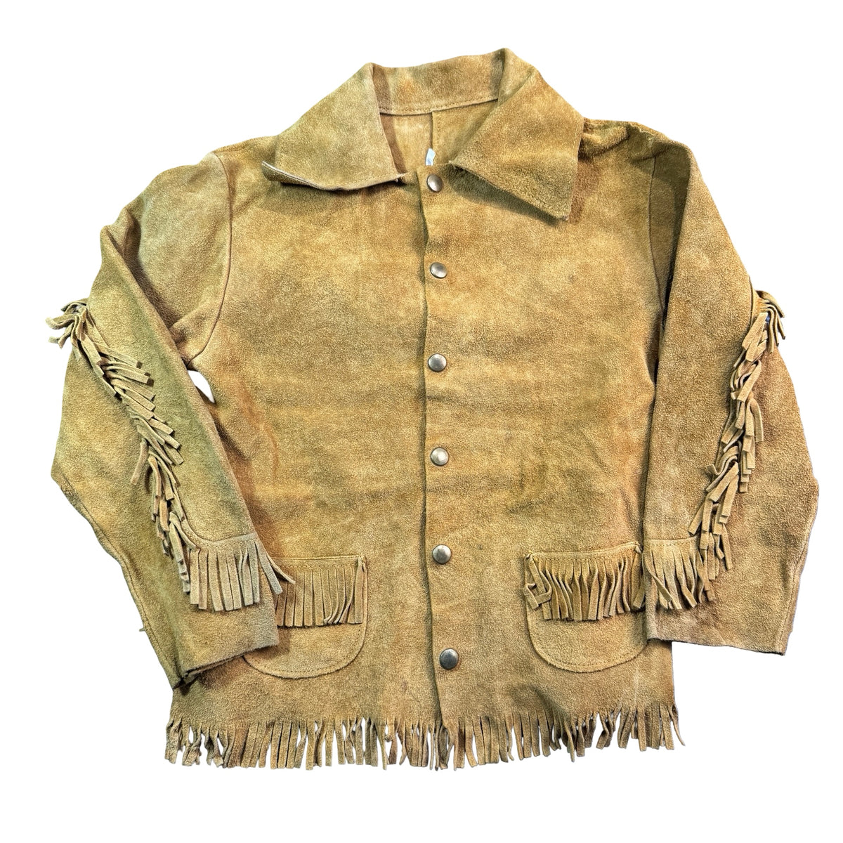 Vintage Tan Suede Fringe Snap Front Flap Pocket Western Jacket Unisex