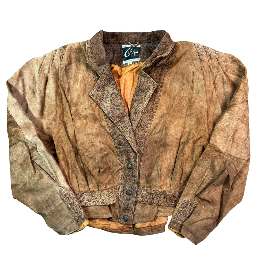 Vintage 80s-90s Global Identity G-III Tan Suede Paisley Embossed Western Bomber Jacket Made in Korea Unisex M