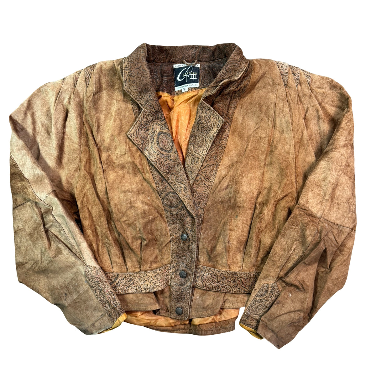 Vintage 80s-90s Global Identity G-III Tan Suede Paisley Embossed Western Bomber Jacket Made in Korea Unisex M