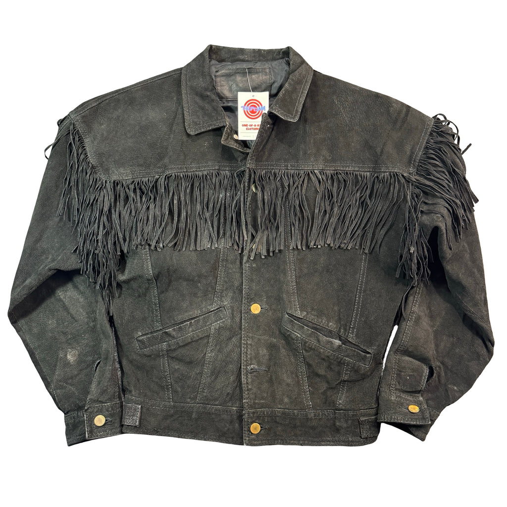 Vintage black suede fringe trucker jacket front