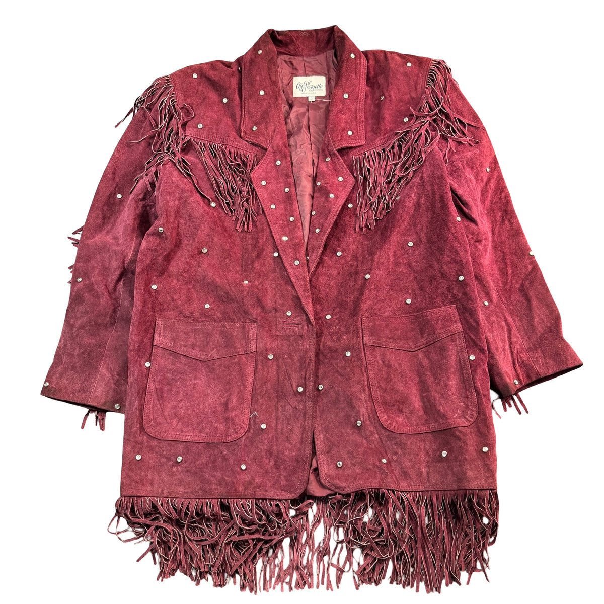 Vintage 80s Aggie Georgette burgundy suede rhinestone fringe jacket front