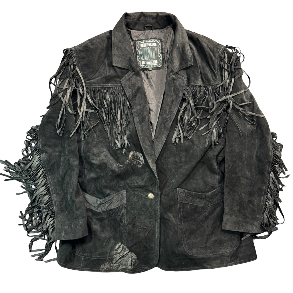 Vintage 90s Winlit Special Editions Black Suede Fringe Concho Button Blazer Jacket Made in China Womens 1X
