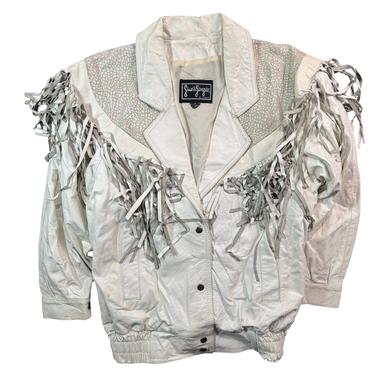 Vintage 80s-90s Gino Giorgio Cream Leather Fringe Embossed Yoke Bomber Jacket Made in Argentina Womens M