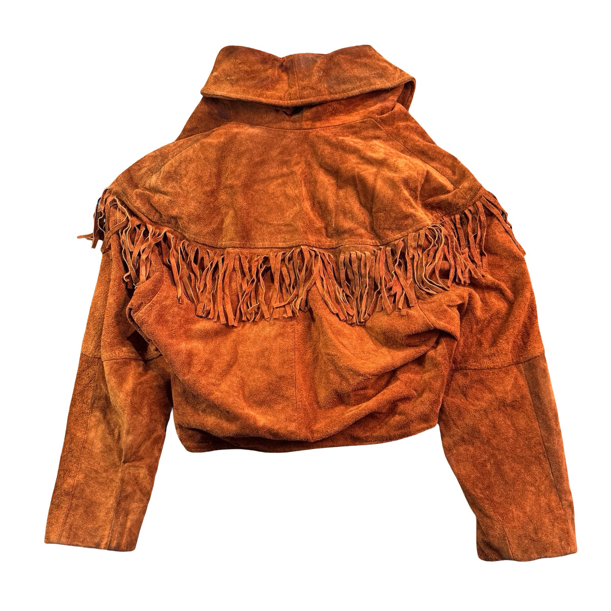 Rust suede fringe jacket, back view with fringe yoke