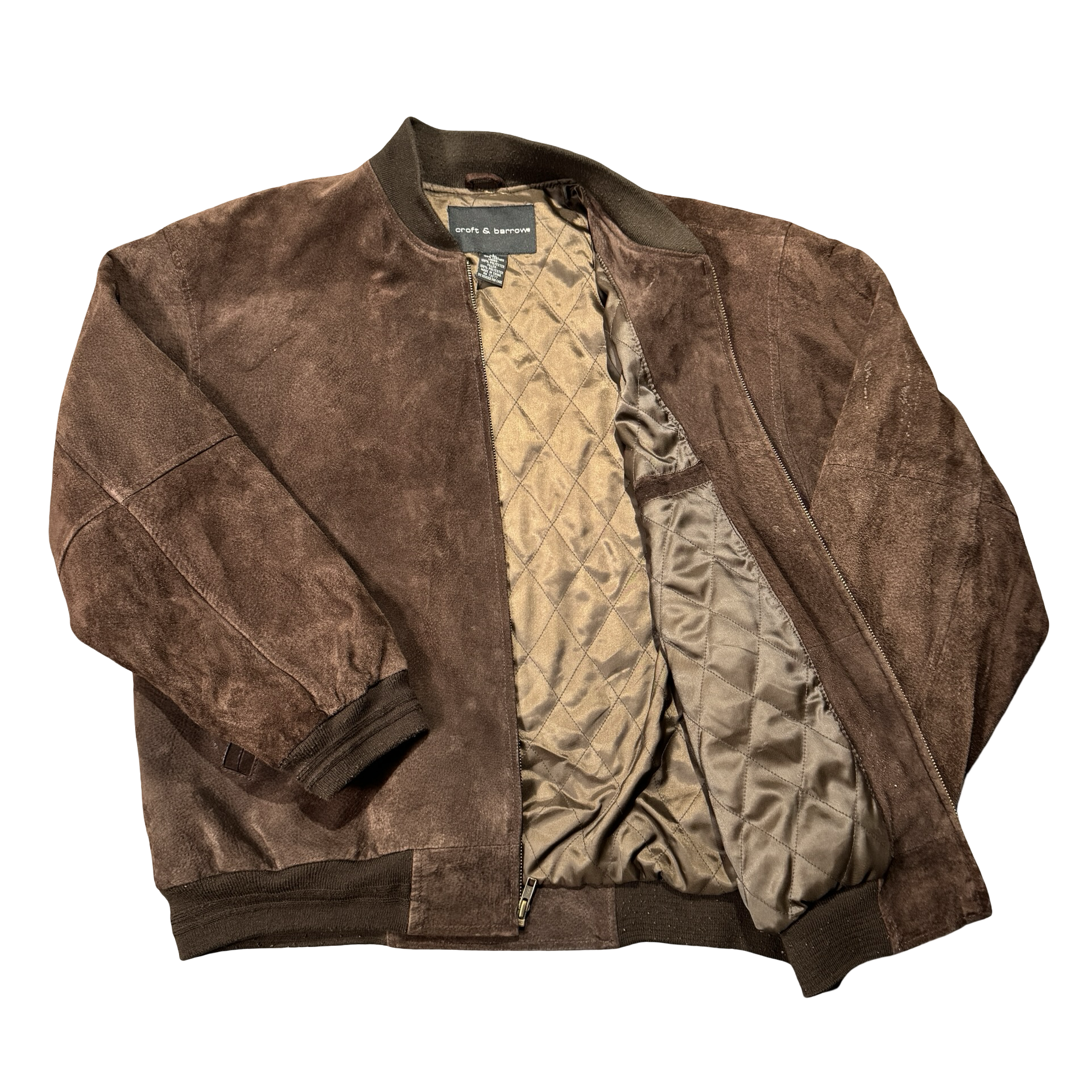 Brown suede bomber jacket open quilted lining
