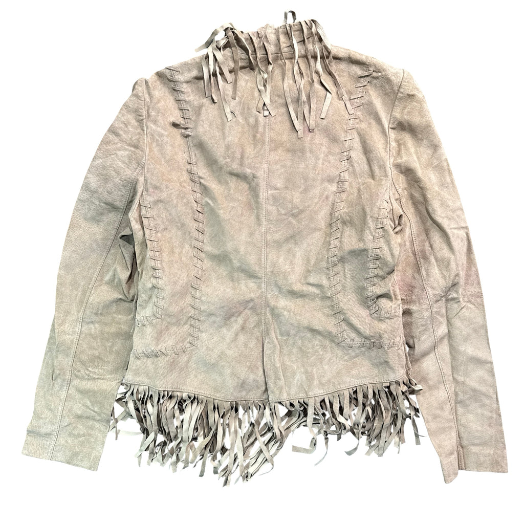 Y2K BAY Stone Suede Whipstitch Tie Neck Fringe Jacket Womens 12