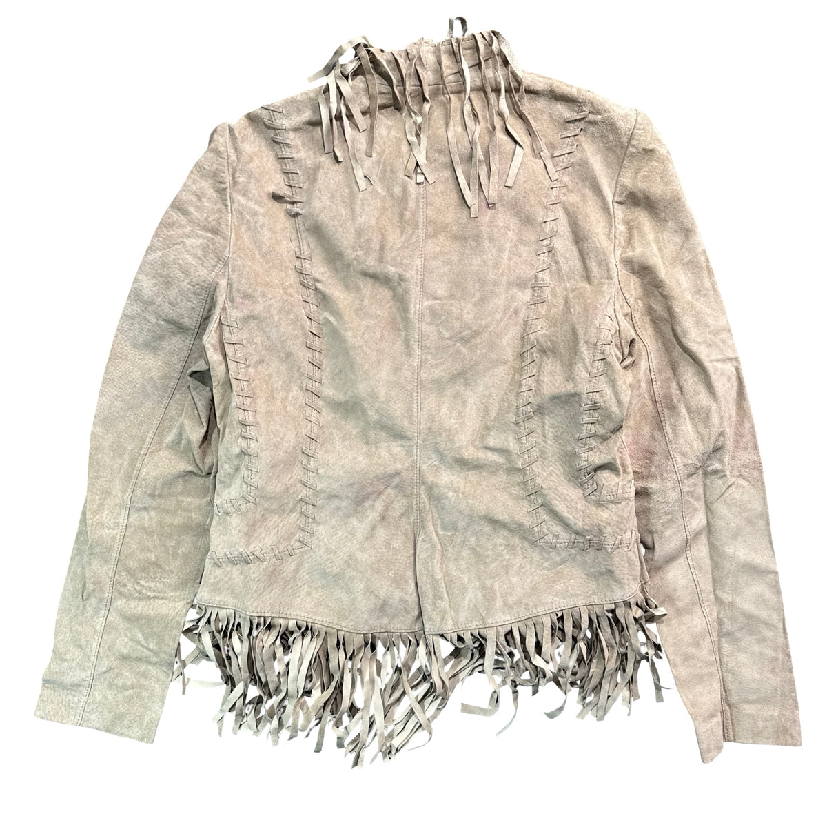 Y2K BAY Stone Suede Whipstitch Tie Neck Fringe Jacket Womens 12