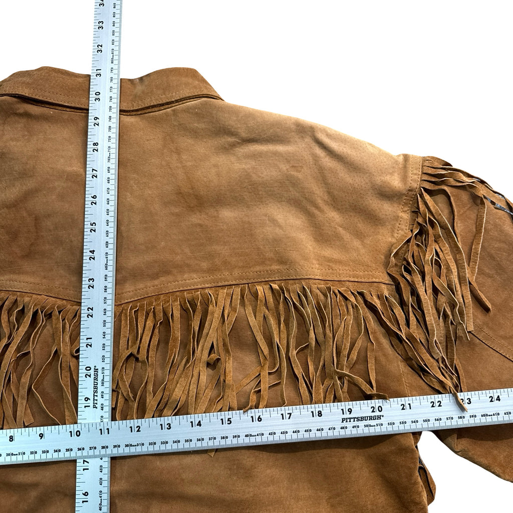 Vintage 90s Minnetonka Tan Suede Fringe Button Front Jacket Made in China Womens S