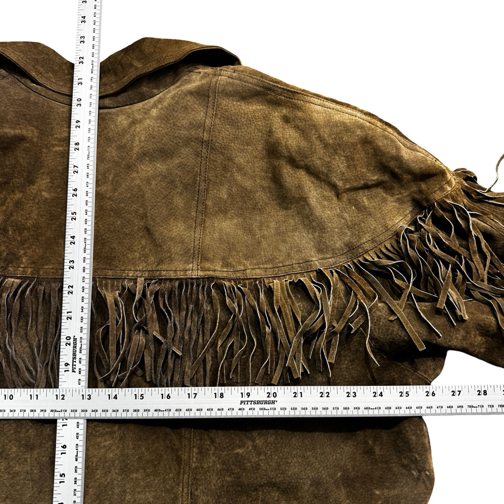 Vintage 90s Bagatelle Olive Brown Suede Fringe Belted Zip Front Jacket Made in China Womens