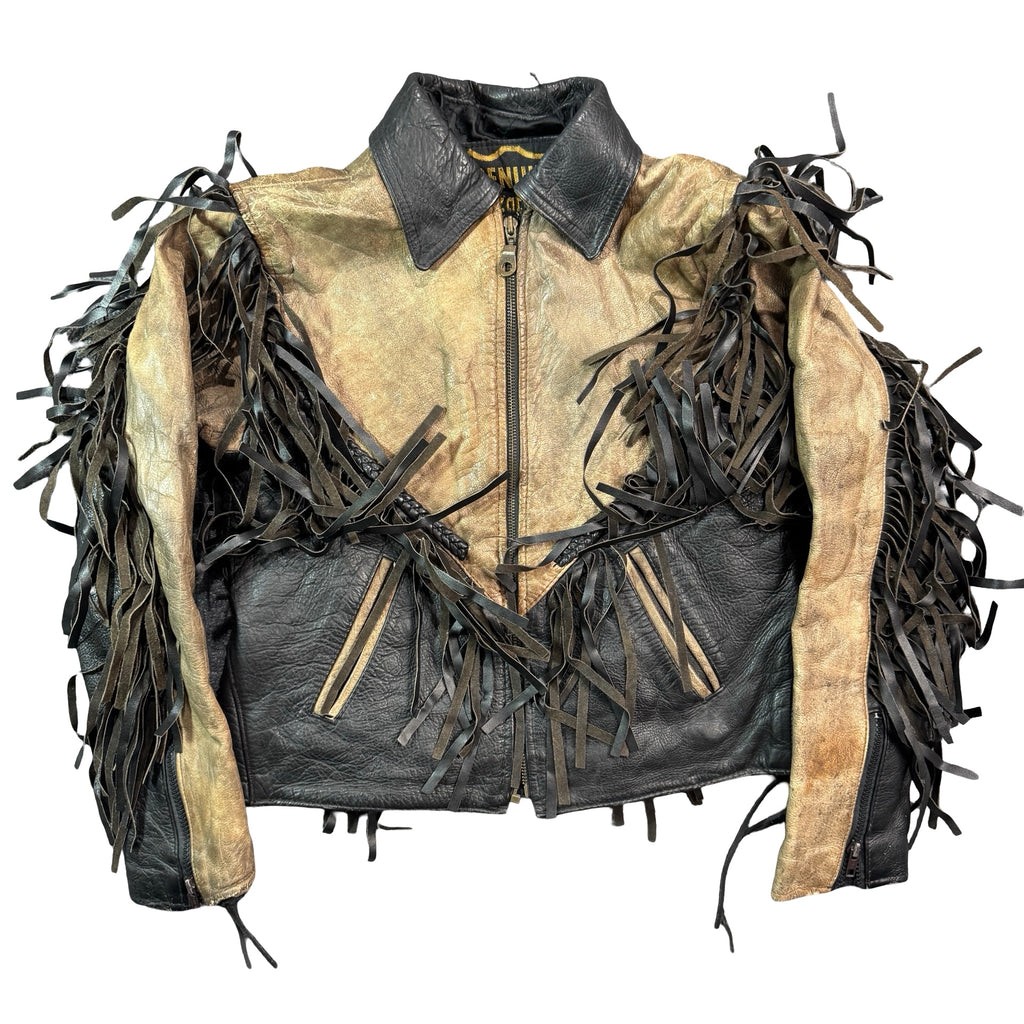 Vintage 90s Tan Black Leather Fringe Cropped Zip Front Moto Jacket Womens S