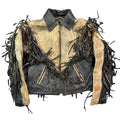 Vintage 90s Tan Black Leather Fringe Cropped Zip Front Moto Jacket Womens S
