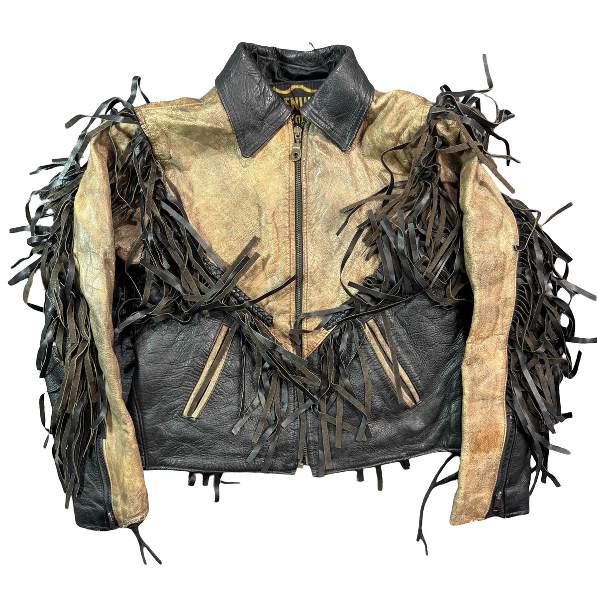 Vintage 90s Tan Black Leather Fringe Cropped Zip Front Moto Jacket Womens S