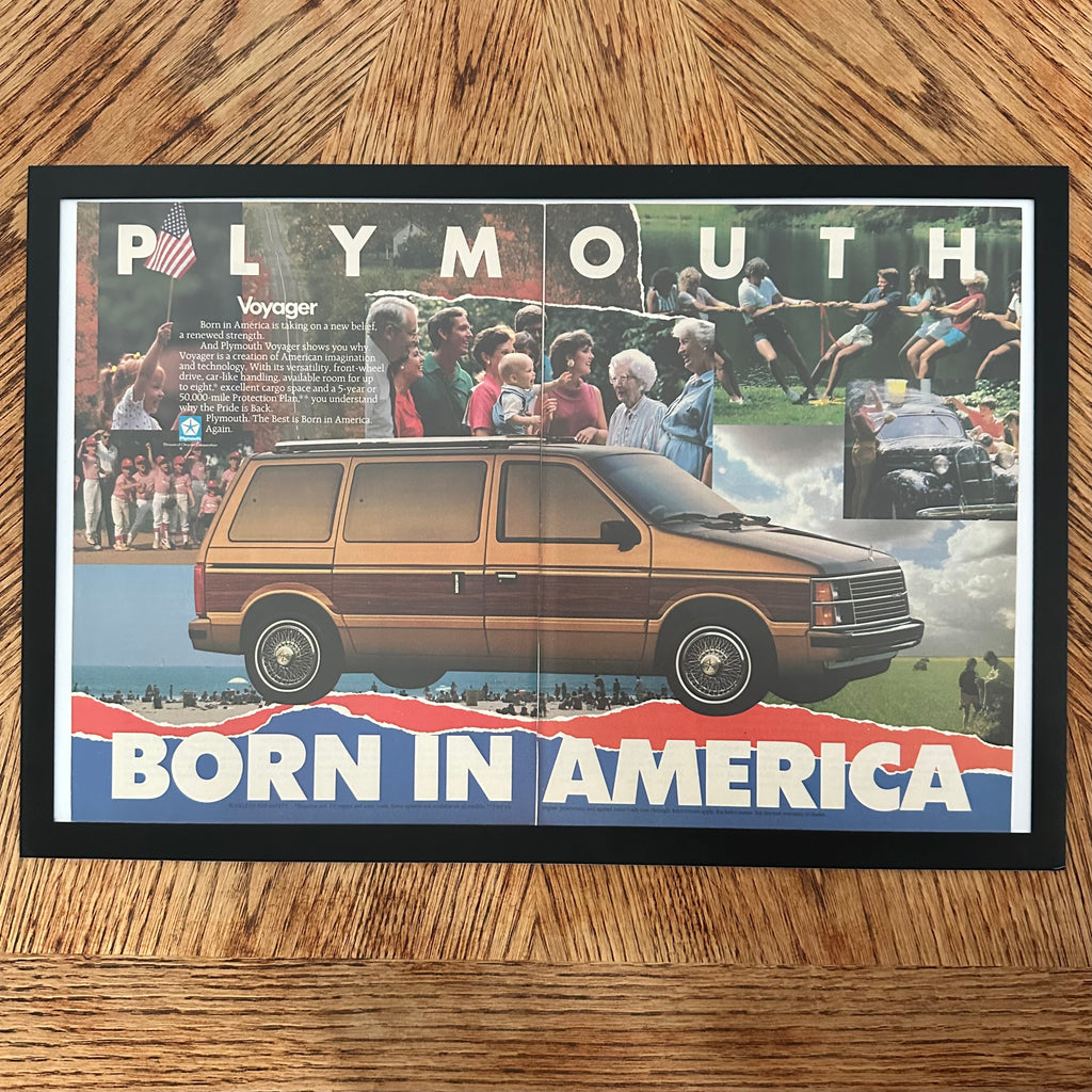 Framed vintage Plymouth Voyager Born in America double page magazine ad