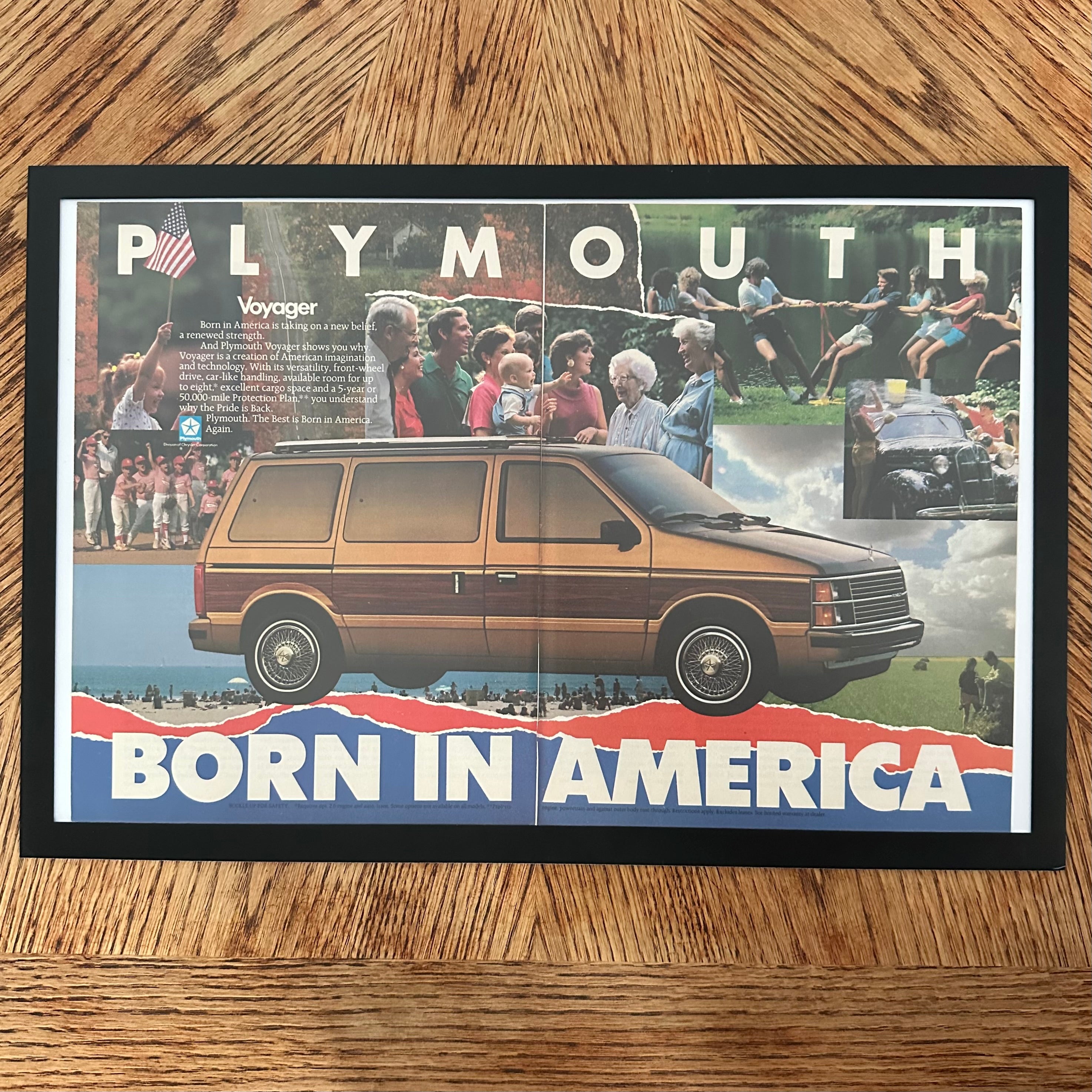 Framed vintage Plymouth Voyager Born in America double page magazine ad